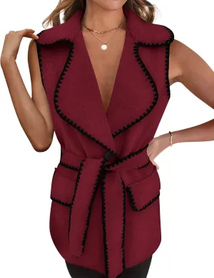 PRETTYGARDEN Women's 2025 Tweed Vest Jackets Sleeveless Lapel Button Front Belt Color Block Winter Cardigan Outerwear