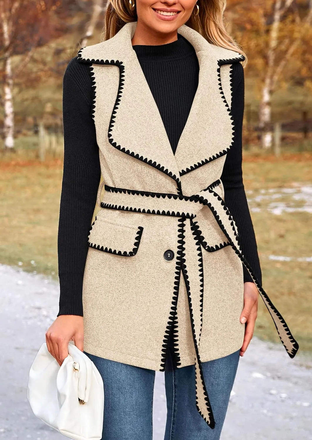 PRETTYGARDEN Women's 2025 Tweed Vest Jackets Sleeveless Lapel Button Front Belt Color Block Winter Cardigan Outerwear