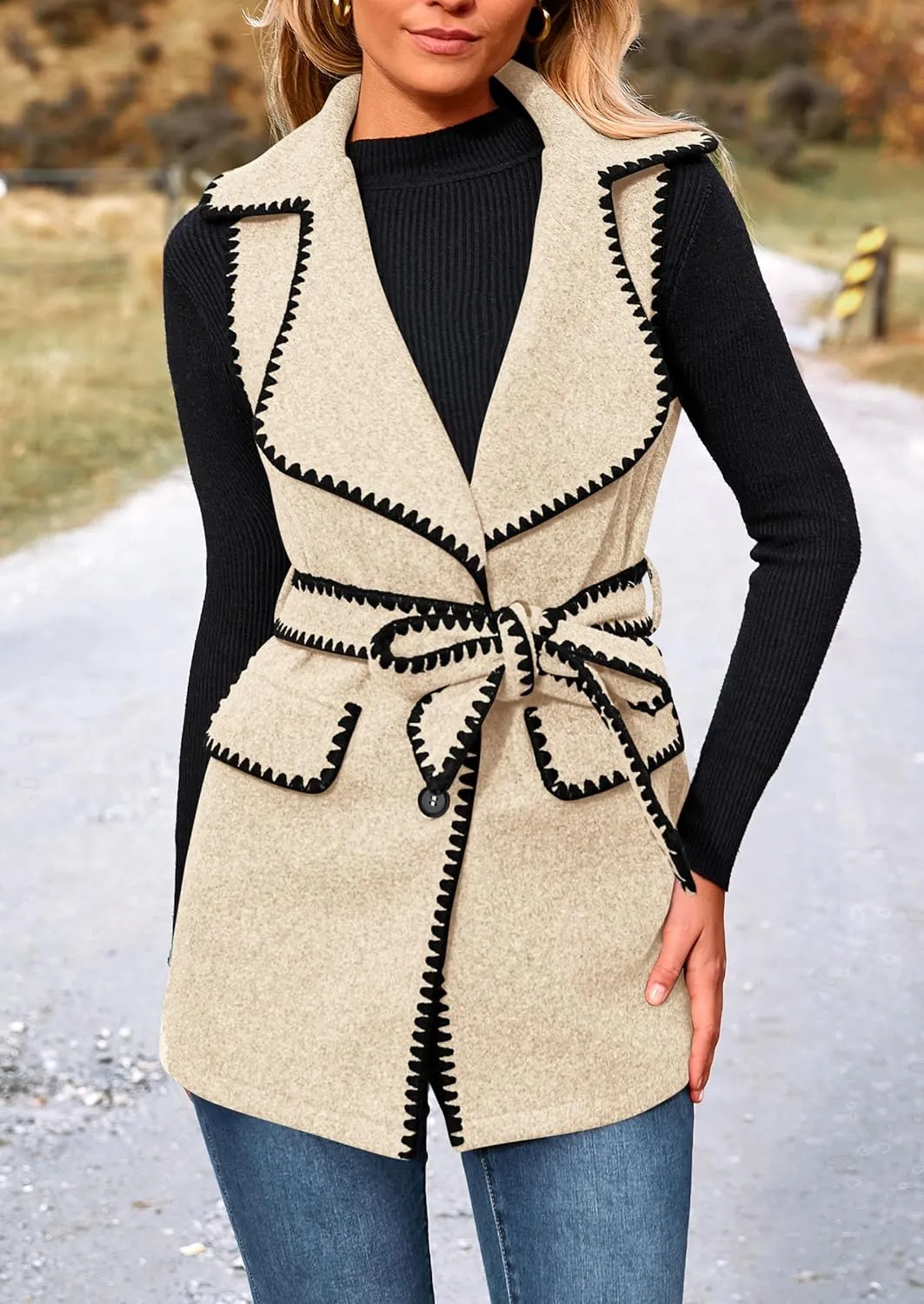 PRETTYGARDEN Women's 2025 Tweed Vest Jackets Sleeveless Lapel Button Front Belt Color Block Winter Cardigan Outerwear