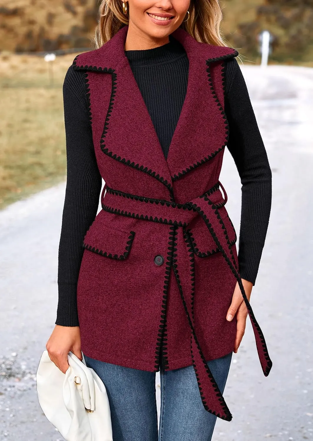PRETTYGARDEN Women's 2025 Tweed Vest Jackets Sleeveless Lapel Button Front Belt Color Block Winter Cardigan Outerwear