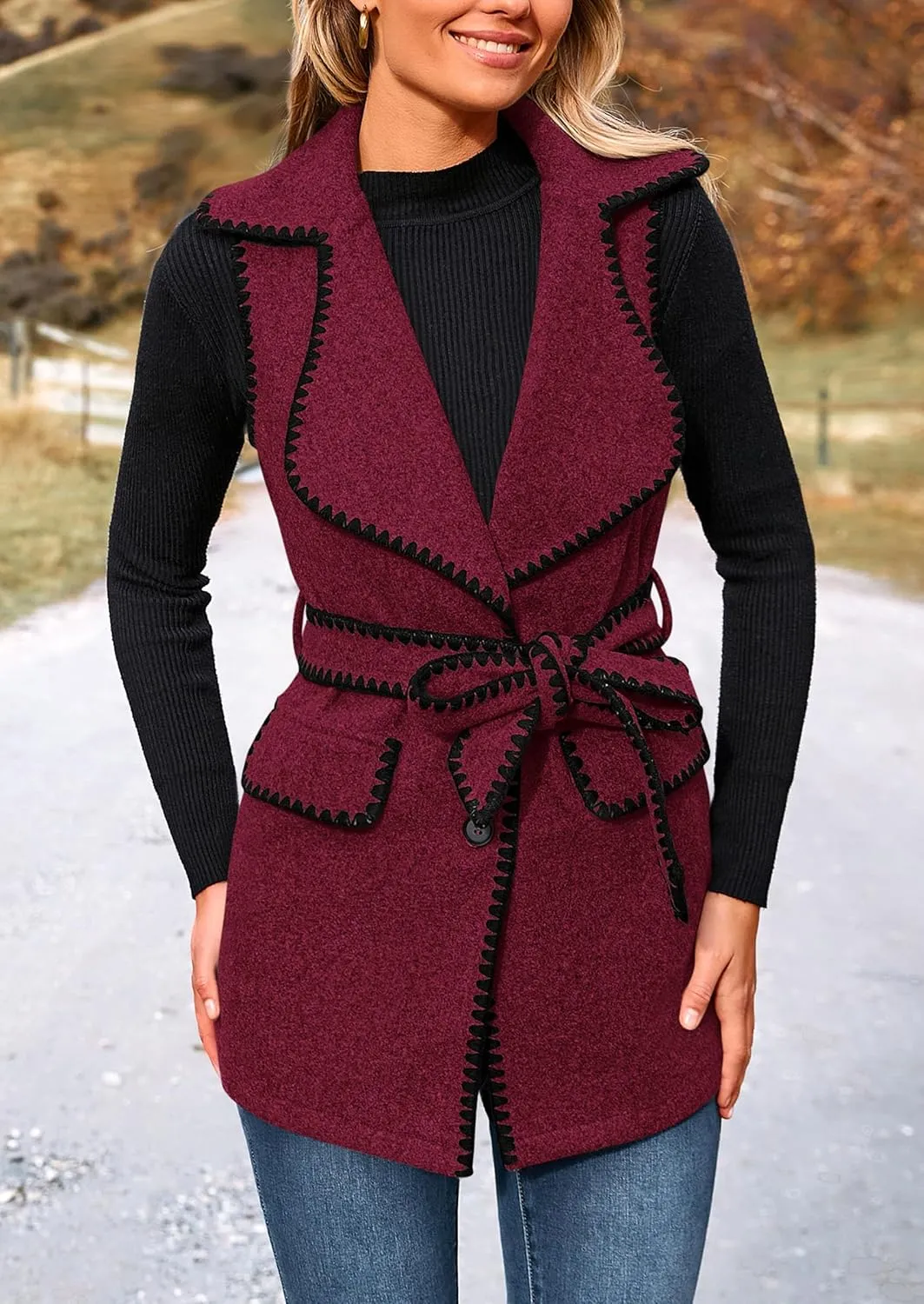 PRETTYGARDEN Women's 2025 Tweed Vest Jackets Sleeveless Lapel Button Front Belt Color Block Winter Cardigan Outerwear