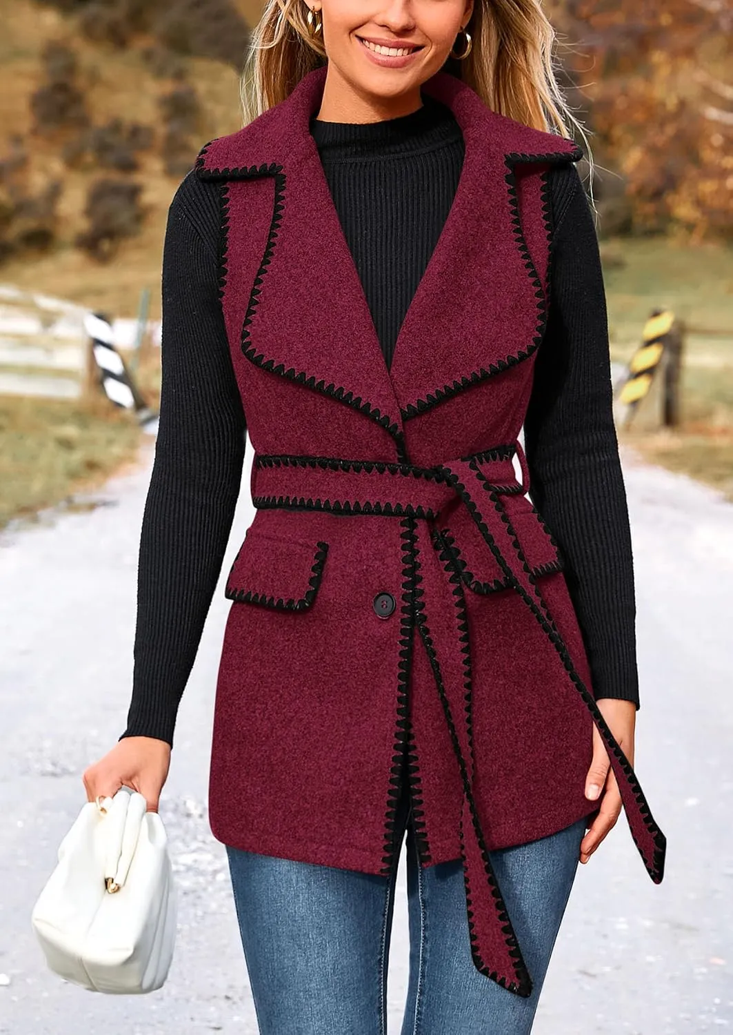PRETTYGARDEN Women's 2025 Tweed Vest Jackets Sleeveless Lapel Button Front Belt Color Block Winter Cardigan Outerwear