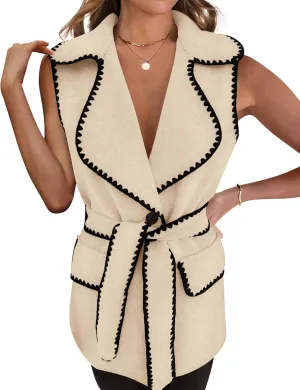 PRETTYGARDEN Women's 2025 Tweed Vest Jackets Sleeveless Lapel Button Front Belt Color Block Winter Cardigan Outerwear