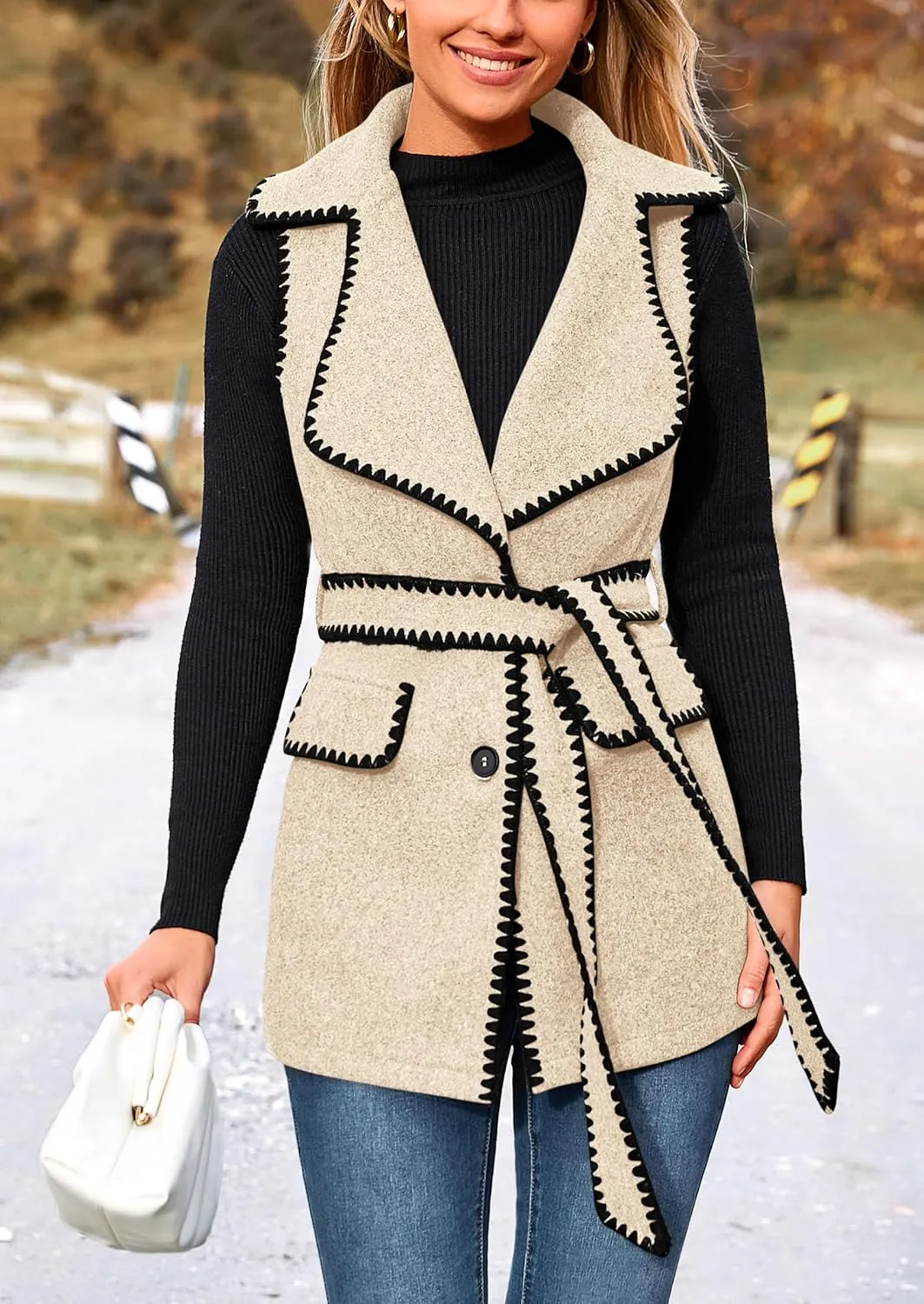 PRETTYGARDEN Women's 2025 Tweed Vest Jackets Sleeveless Lapel Button Front Belt Color Block Winter Cardigan Outerwear