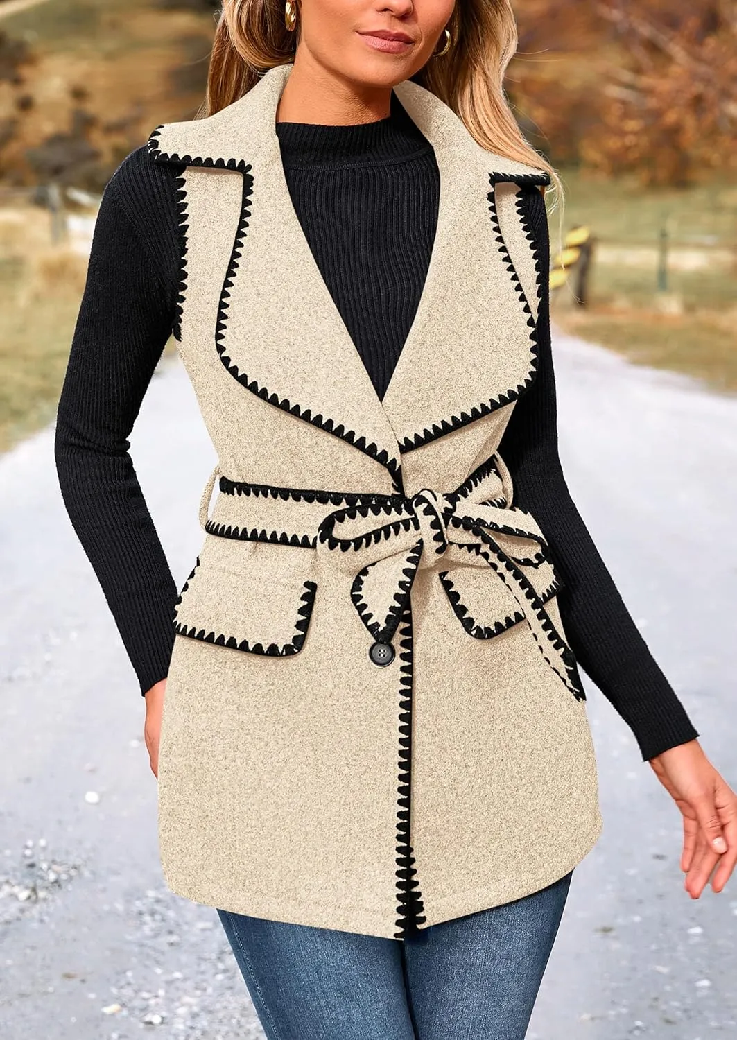 PRETTYGARDEN Women's 2025 Tweed Vest Jackets Sleeveless Lapel Button Front Belt Color Block Winter Cardigan Outerwear