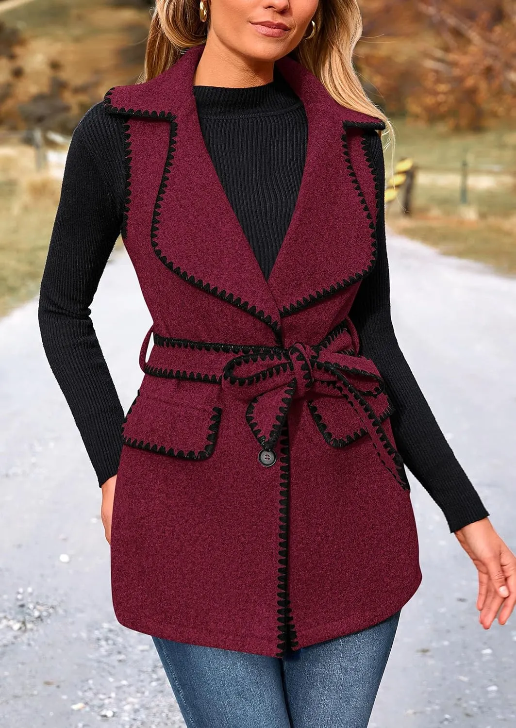 PRETTYGARDEN Women's 2025 Tweed Vest Jackets Sleeveless Lapel Button Front Belt Color Block Winter Cardigan Outerwear