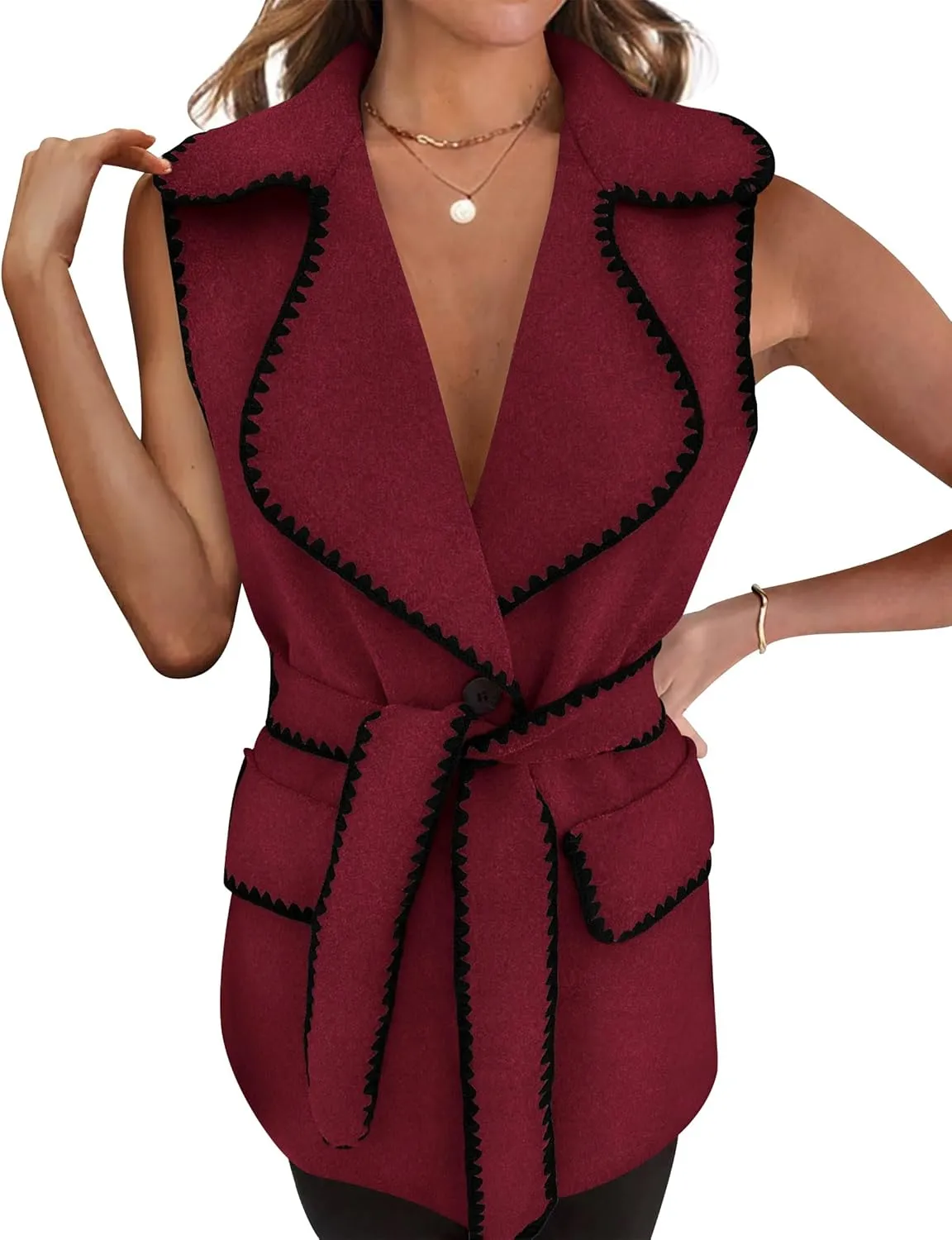 PRETTYGARDEN Women's 2025 Tweed Vest Jackets Sleeveless Lapel Button Front Belt Color Block Winter Cardigan Outerwear