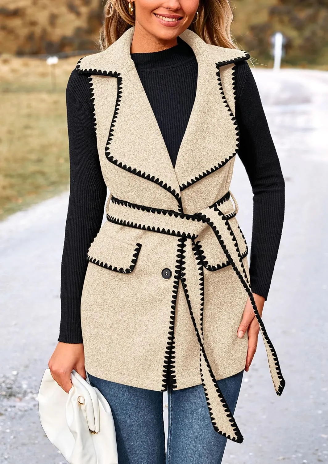 PRETTYGARDEN Women's 2025 Tweed Vest Jackets Sleeveless Lapel Button Front Belt Color Block Winter Cardigan Outerwear