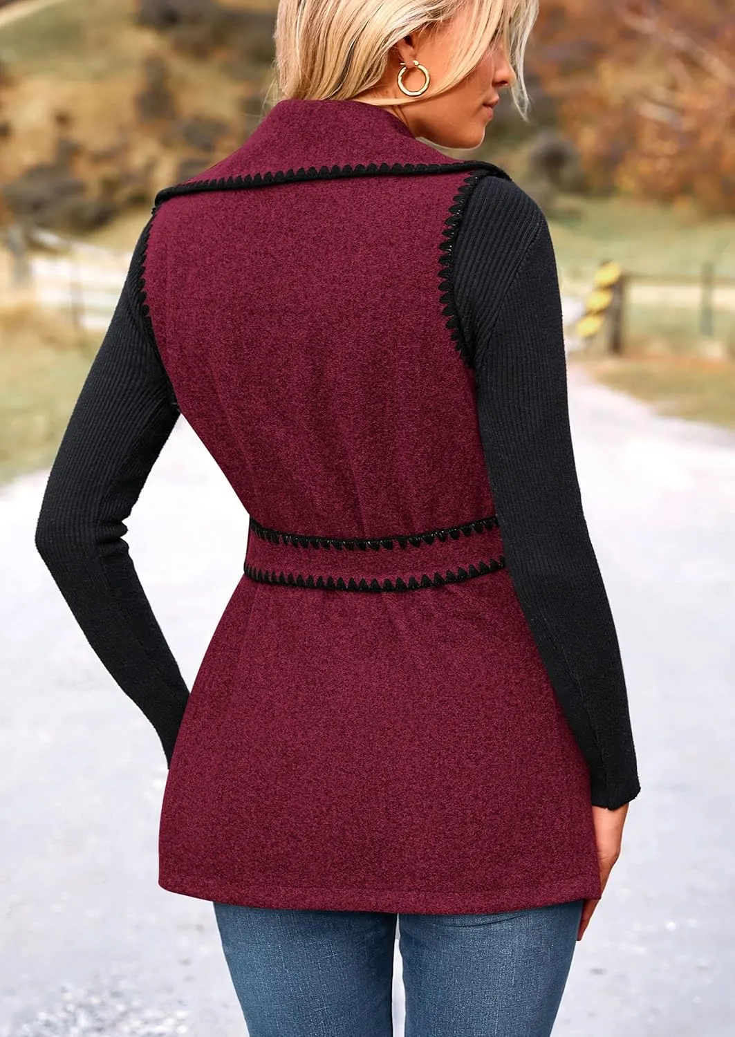 PRETTYGARDEN Women's 2025 Tweed Vest Jackets Sleeveless Lapel Button Front Belt Color Block Winter Cardigan Outerwear