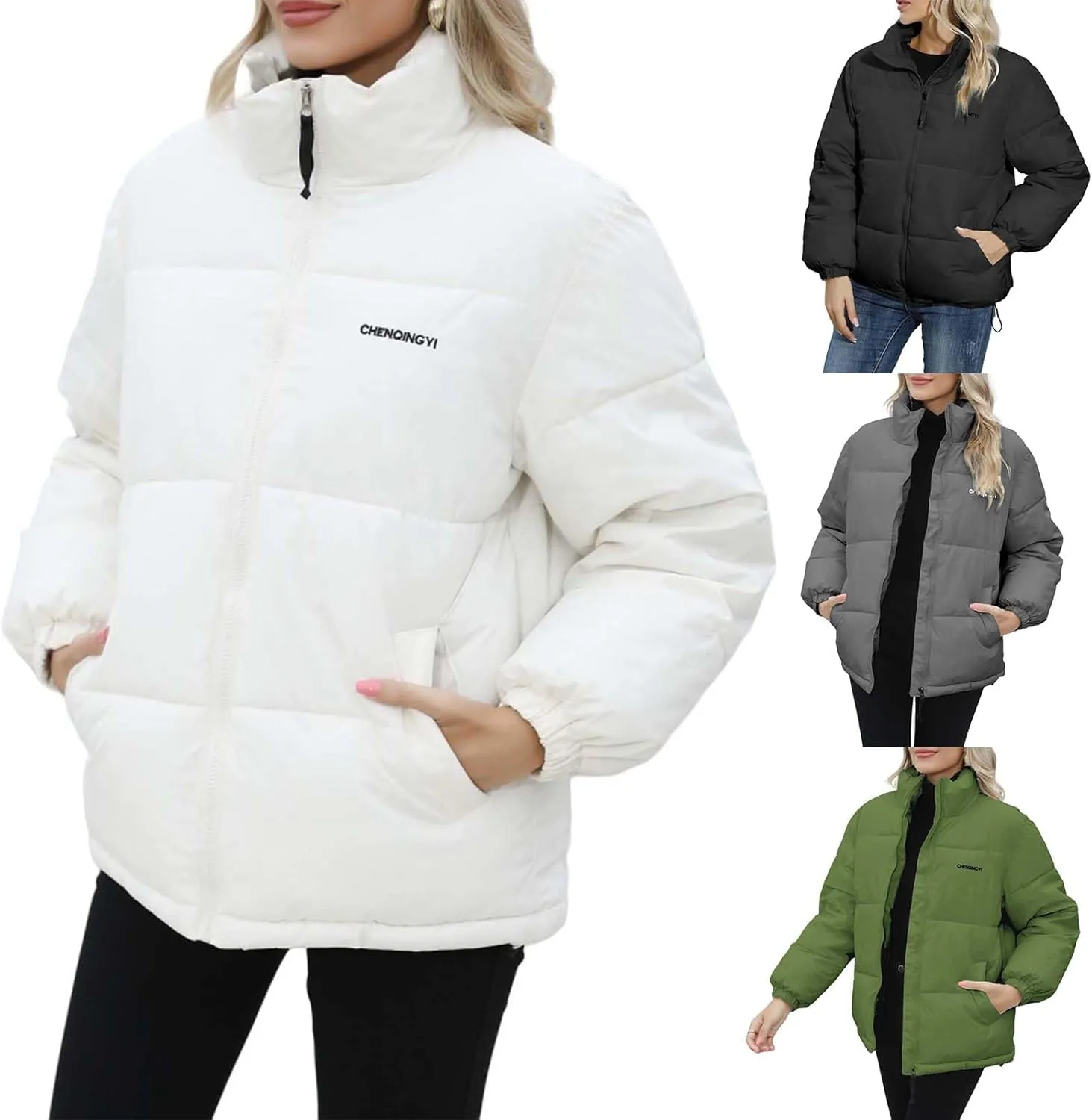 Puffer Jacket Womens Winter Coat Baggy Zip Up Puffy Jackets Padded Warm Heavyweight Down Coat Outerwear with Pockets