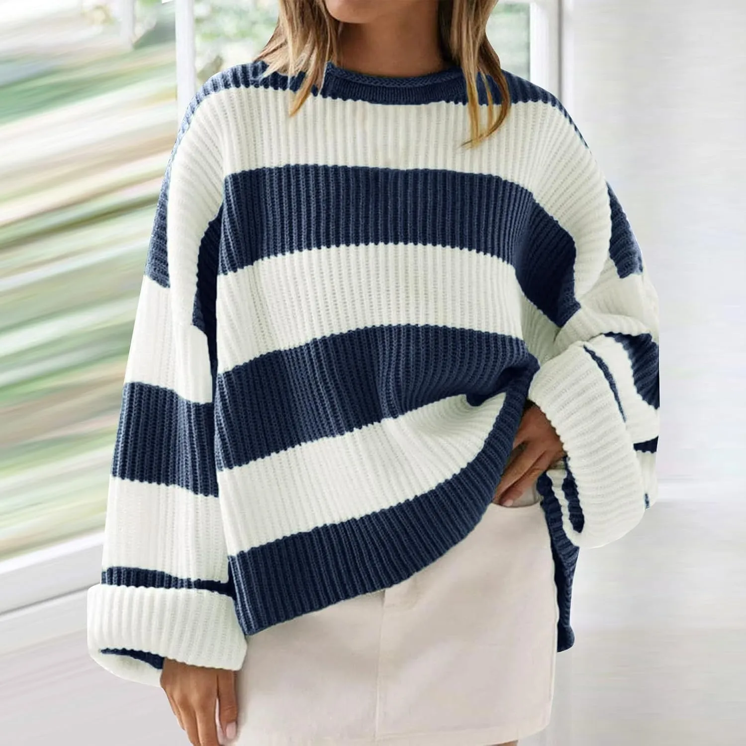 Pullover Sweaters for Women Cable Knit Color Block Sweater Crewneck Sweatshirt Long Sleeve Jumper Womens Fashion Top
