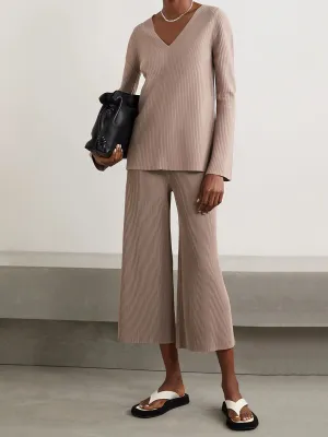 Pure Color V-Neck Casual Knitted Long Sleeve Suit
