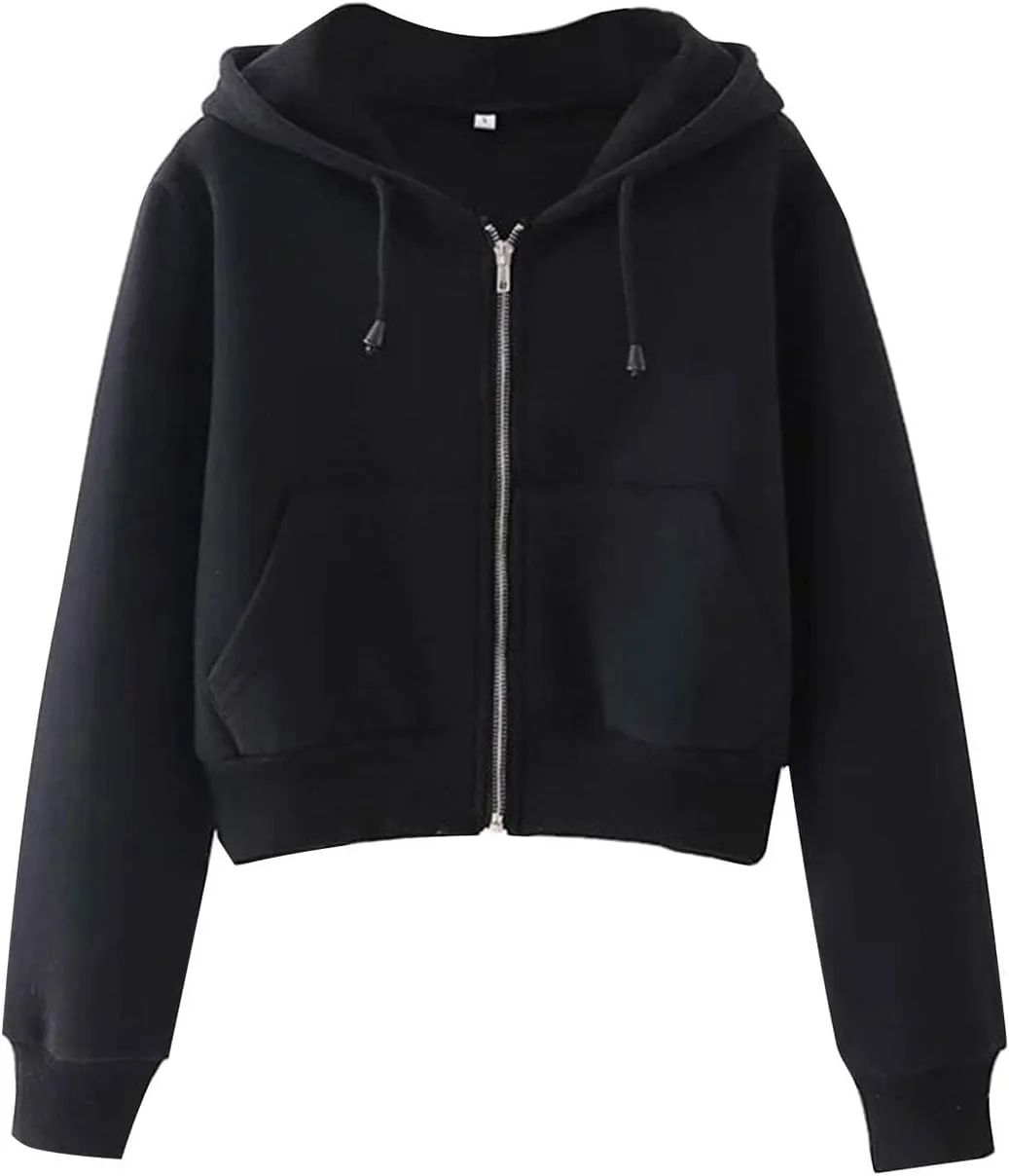 PUWEI Women's Casual Zip Up Drawstring Cropped Hoodie Hooded Crop Jacket Top with Pockets