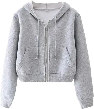 PUWEI Women's Casual Zip Up Drawstring Cropped Hoodie Hooded Crop Jacket Top with Pockets