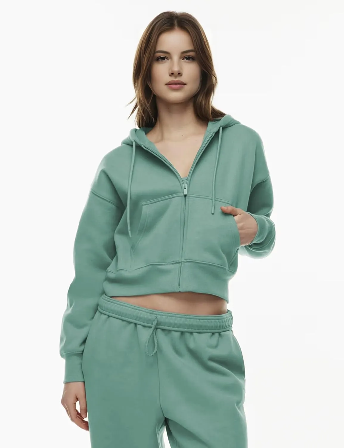 PUWEI Women's Casual Zip Up Drawstring Cropped Hoodie Hooded Crop Jacket Top with Pockets