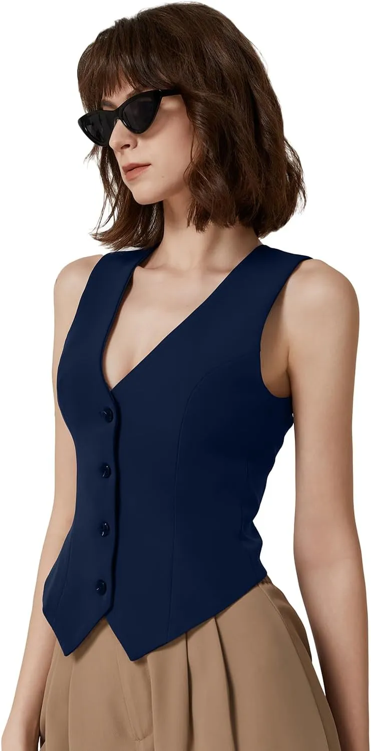 QINSEN Womens V Neck Vest Top Sleeveless Button Down Fully Lined Solid Going Out Crop Tops