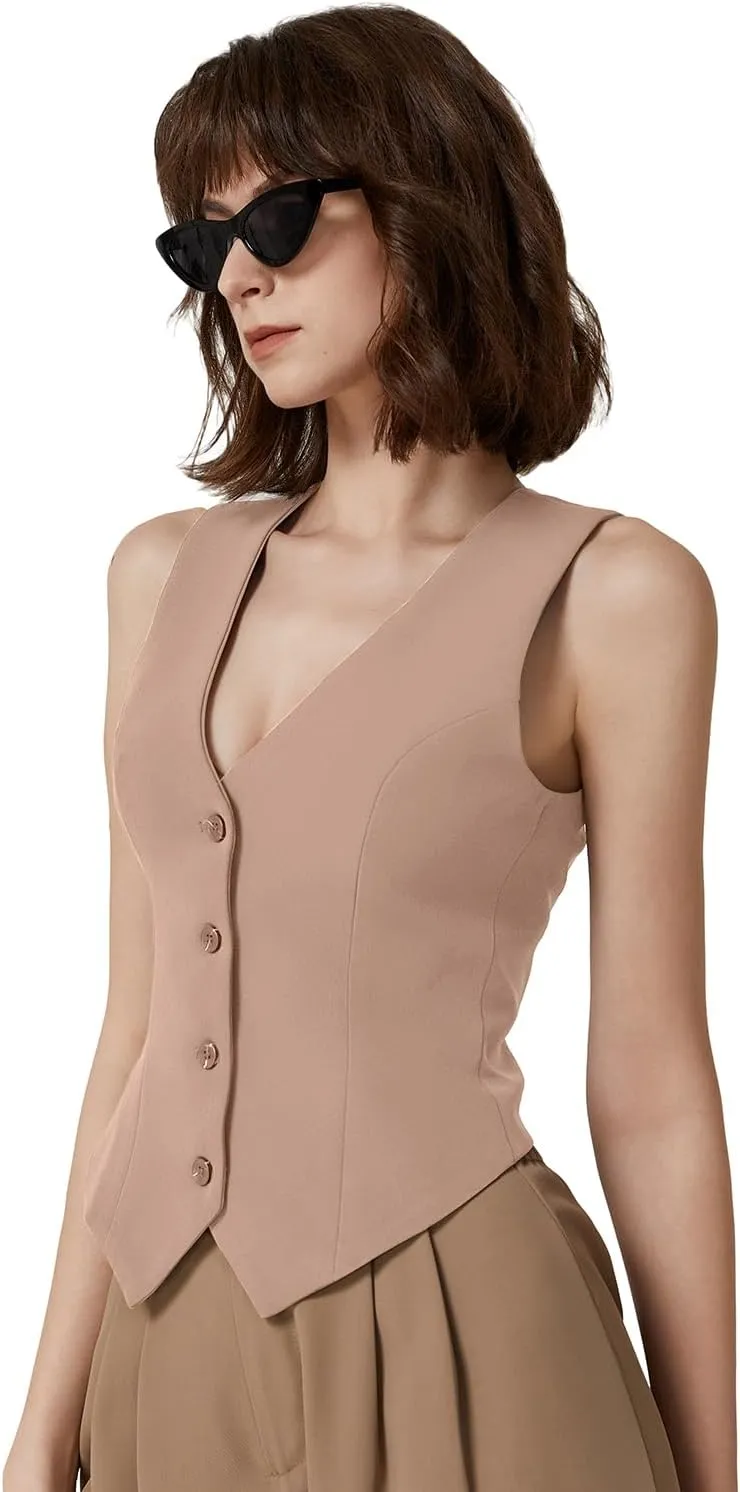 QINSEN Womens V Neck Vest Top Sleeveless Button Down Fully Lined Solid Going Out Crop Tops
