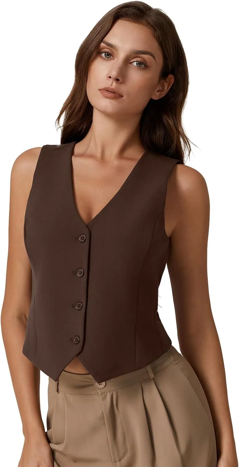 QINSEN Womens V Neck Vest Top Sleeveless Button Down Fully Lined Solid Going Out Crop Tops