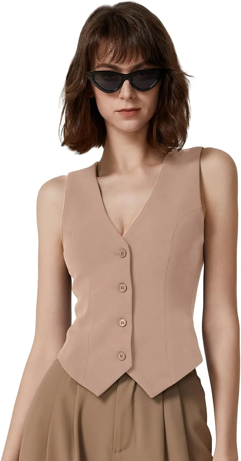 QINSEN Womens V Neck Vest Top Sleeveless Button Down Fully Lined Solid Going Out Crop Tops