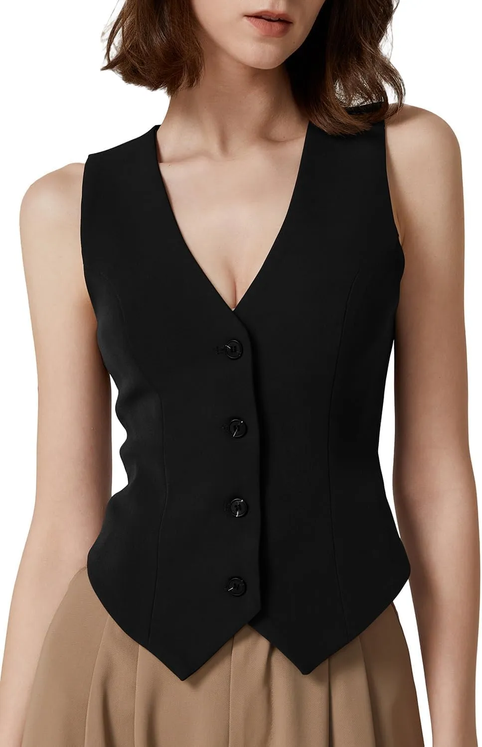 QINSEN Womens V Neck Vest Top Sleeveless Button Down Fully Lined Solid Going Out Crop Tops