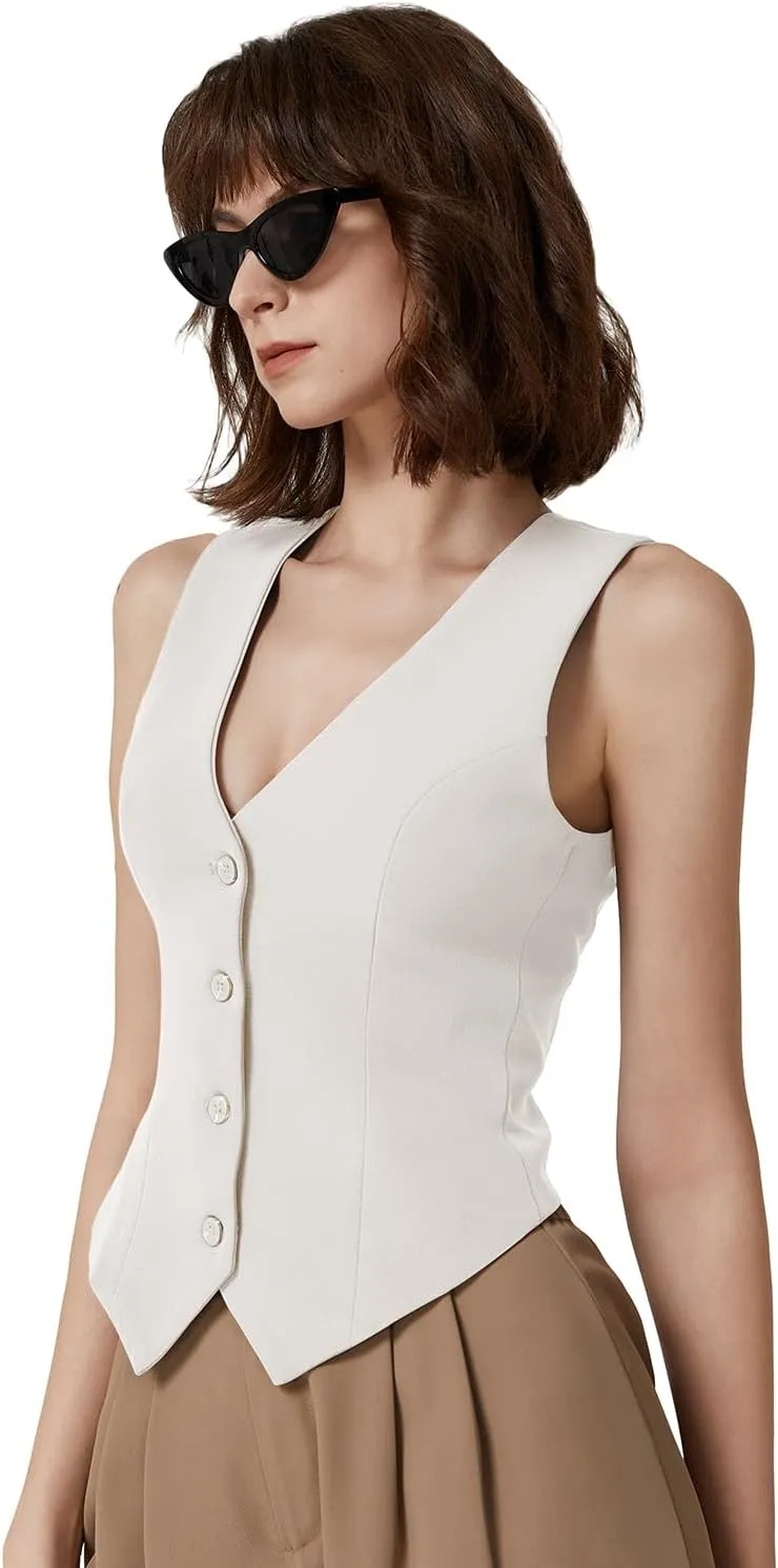 QINSEN Womens V Neck Vest Top Sleeveless Button Down Fully Lined Solid Going Out Crop Tops