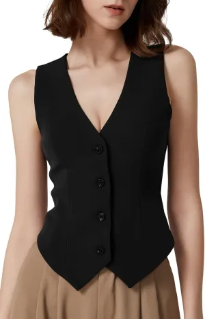 QINSEN Womens V Neck Vest Top Sleeveless Button Down Fully Lined Solid Going Out Crop Tops