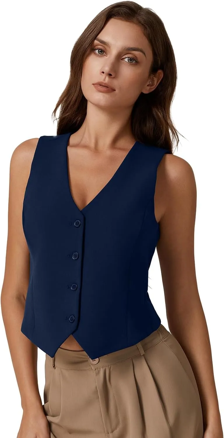 QINSEN Womens V Neck Vest Top Sleeveless Button Down Fully Lined Solid Going Out Crop Tops