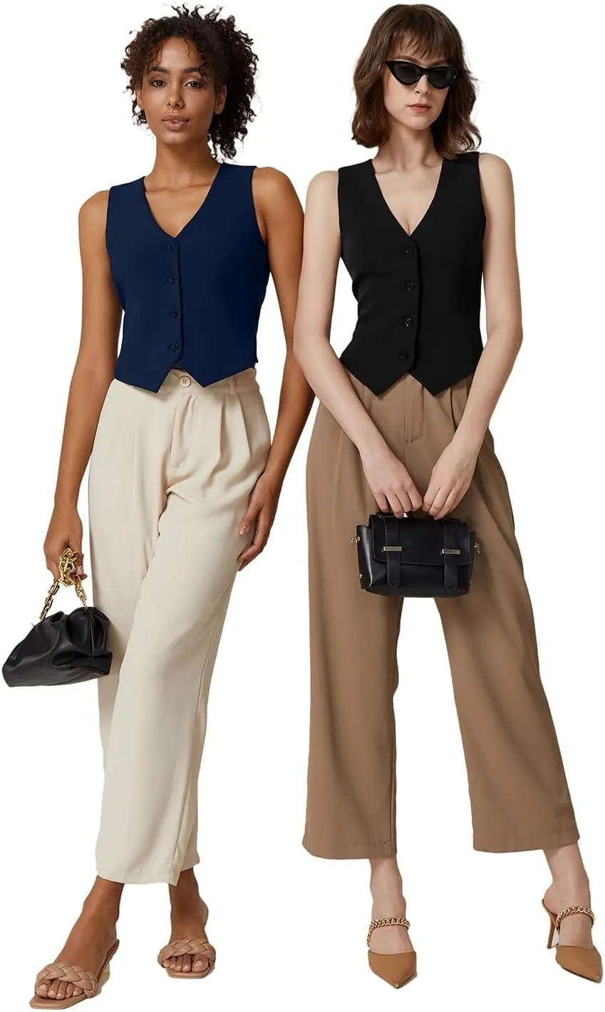 QINSEN Womens V Neck Vest Top Sleeveless Button Down Fully Lined Solid Going Out Crop Tops