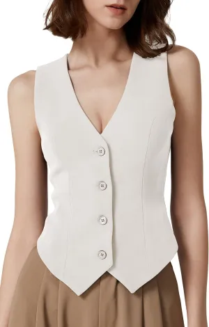 QINSEN Womens V Neck Vest Top Sleeveless Button Down Fully Lined Solid Going Out Crop Tops
