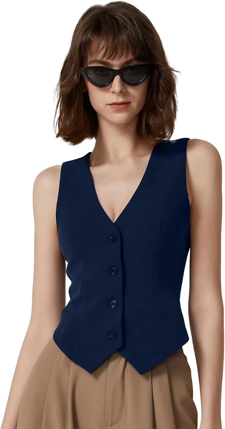 QINSEN Womens V Neck Vest Top Sleeveless Button Down Fully Lined Solid Going Out Crop Tops