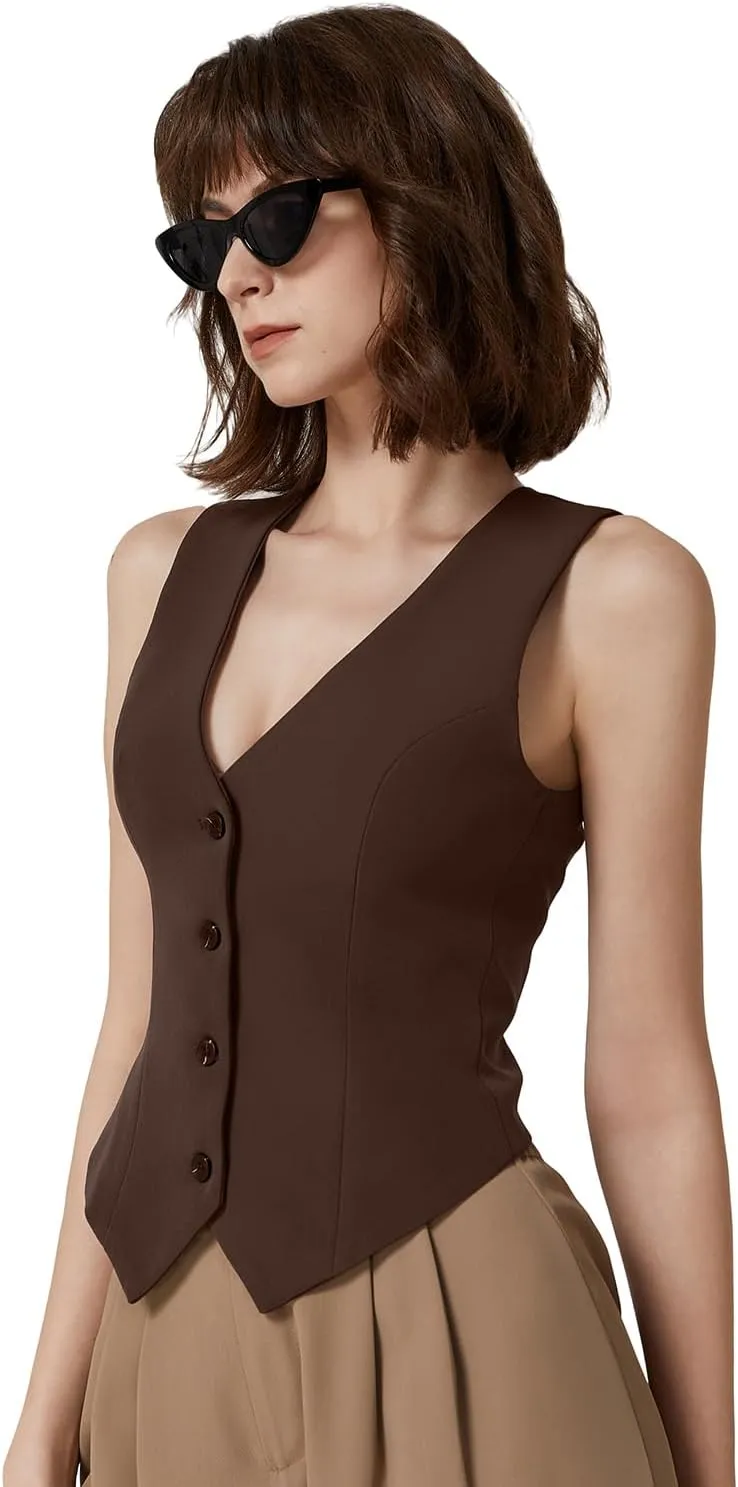 QINSEN Womens V Neck Vest Top Sleeveless Button Down Fully Lined Solid Going Out Crop Tops