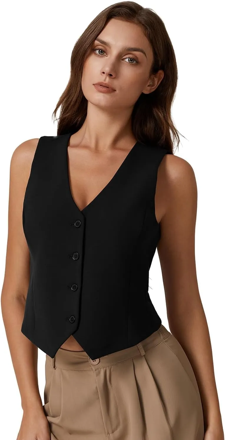 QINSEN Womens V Neck Vest Top Sleeveless Button Down Fully Lined Solid Going Out Crop Tops