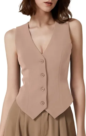 QINSEN Womens V Neck Vest Top Sleeveless Button Down Fully Lined Solid Going Out Crop Tops