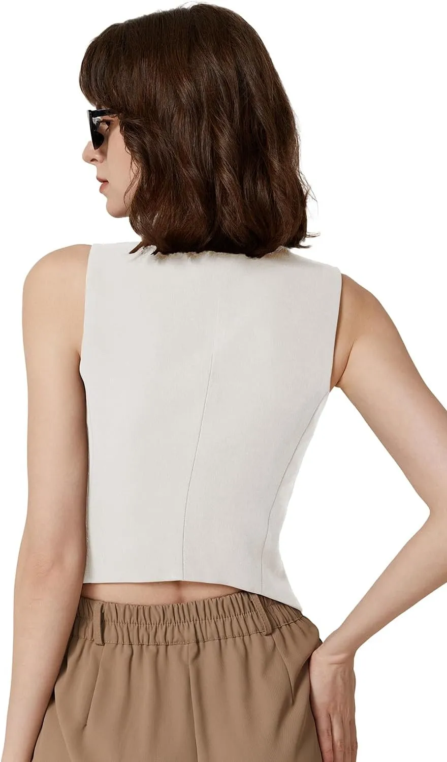 QINSEN Womens V Neck Vest Top Sleeveless Button Down Fully Lined Solid Going Out Crop Tops
