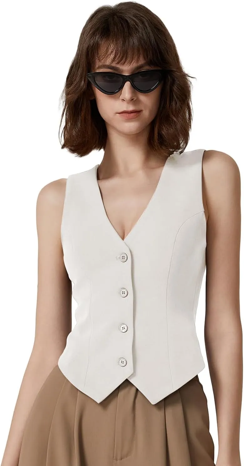 QINSEN Womens V Neck Vest Top Sleeveless Button Down Fully Lined Solid Going Out Crop Tops