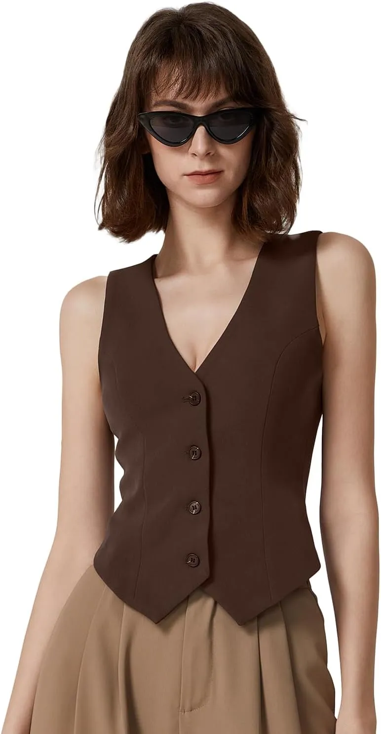 QINSEN Womens V Neck Vest Top Sleeveless Button Down Fully Lined Solid Going Out Crop Tops