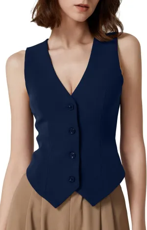 QINSEN Womens V Neck Vest Top Sleeveless Button Down Fully Lined Solid Going Out Crop Tops