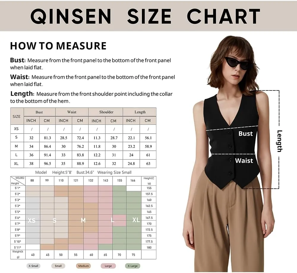 QINSEN Womens V Neck Vest Top Sleeveless Button Down Fully Lined Solid Going Out Crop Tops