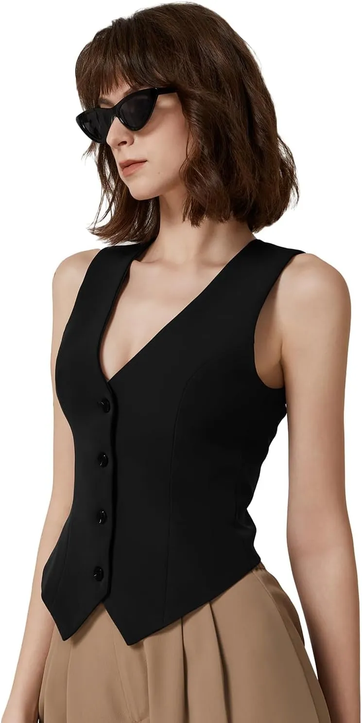 QINSEN Womens V Neck Vest Top Sleeveless Button Down Fully Lined Solid Going Out Crop Tops