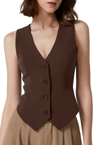 QINSEN Womens V Neck Vest Top Sleeveless Button Down Fully Lined Solid Going Out Crop Tops