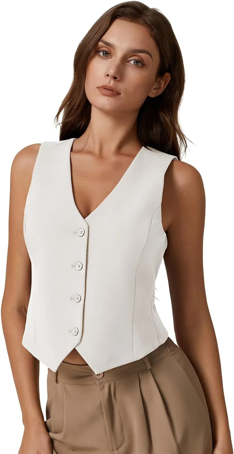 QINSEN Womens V Neck Vest Top Sleeveless Button Down Fully Lined Solid Going Out Crop Tops