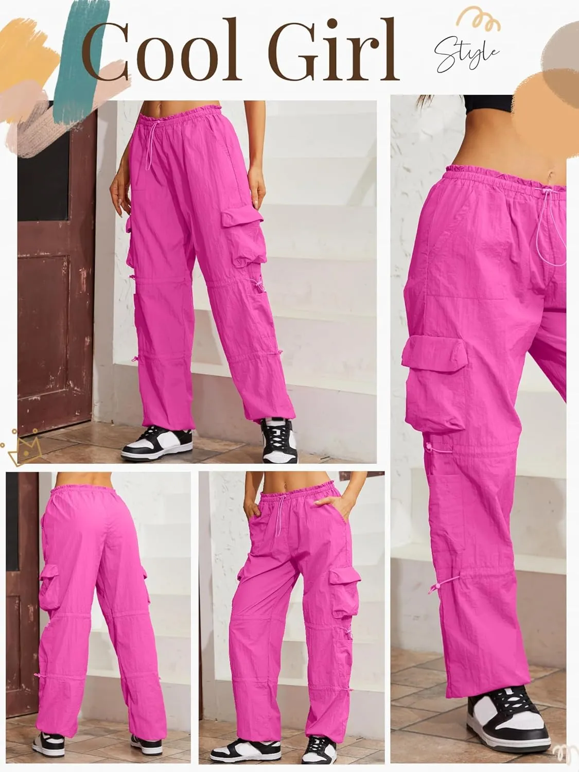 QYANGG Baggy Parachute Pants for Women& Girls Drawstring Elastic Low Waist Ruched Cargo Pants Multiple Pockets Jogger Y2K
