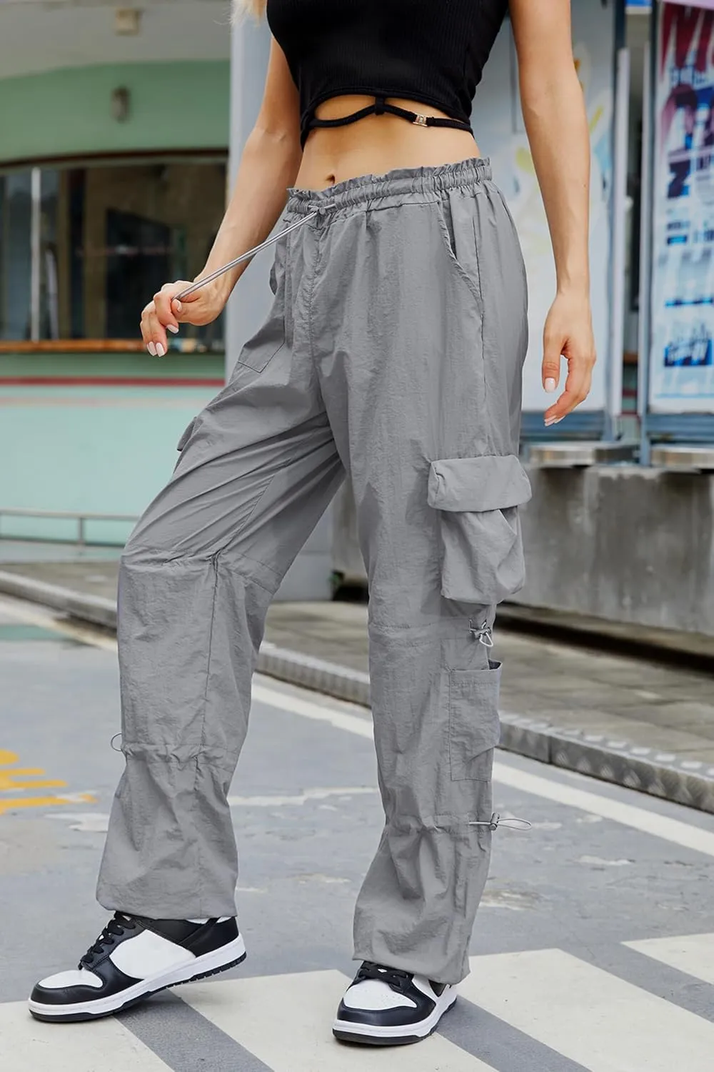 QYANGG Baggy Parachute Pants for Women& Girls Drawstring Elastic Low Waist Ruched Cargo Pants Multiple Pockets Jogger Y2K