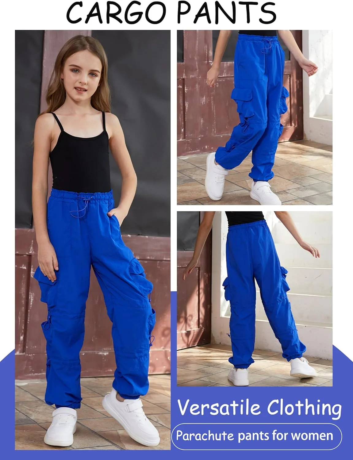 QYANGG Baggy Parachute Pants for Women& Girls Drawstring Elastic Low Waist Ruched Cargo Pants Multiple Pockets Jogger Y2K