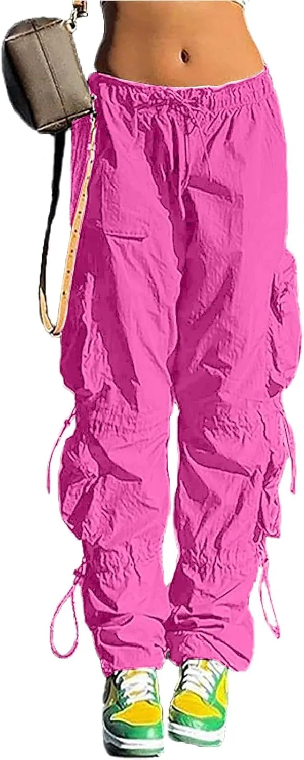 QYANGG Baggy Parachute Pants for Women& Girls Drawstring Elastic Low Waist Ruched Cargo Pants Multiple Pockets Jogger Y2K