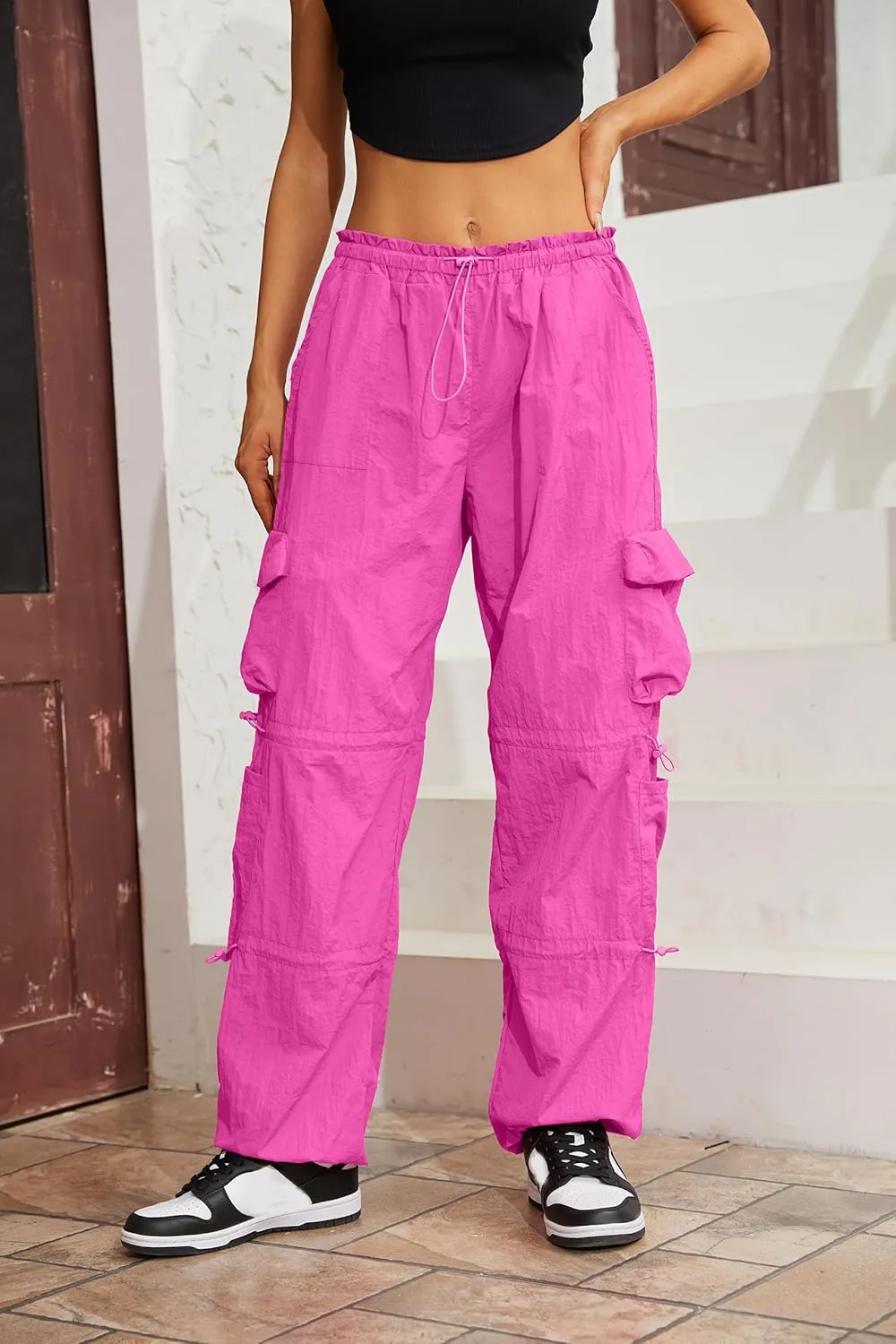 QYANGG Baggy Parachute Pants for Women& Girls Drawstring Elastic Low Waist Ruched Cargo Pants Multiple Pockets Jogger Y2K