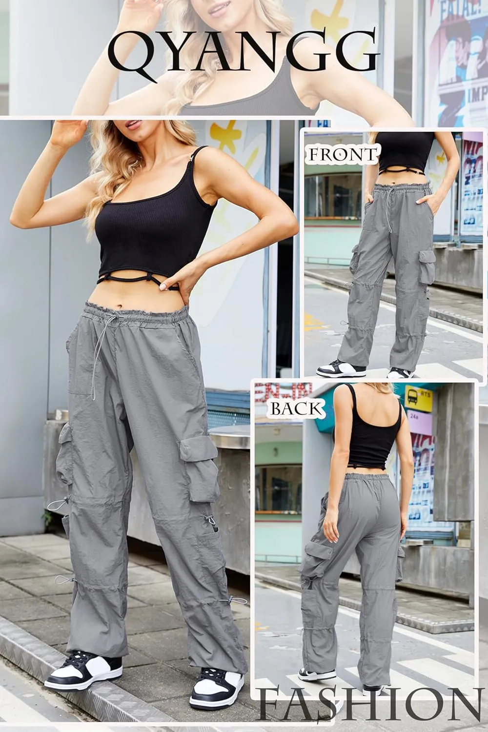 QYANGG Baggy Parachute Pants for Women& Girls Drawstring Elastic Low Waist Ruched Cargo Pants Multiple Pockets Jogger Y2K