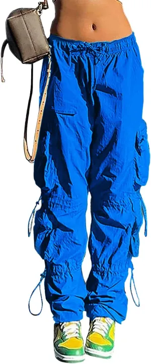 QYANGG Baggy Parachute Pants for Women& Girls Drawstring Elastic Low Waist Ruched Cargo Pants Multiple Pockets Jogger Y2K