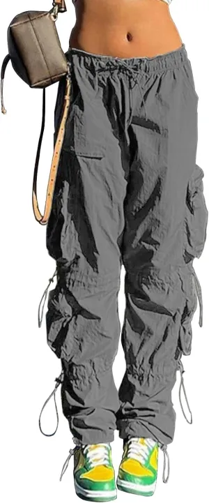 QYANGG Baggy Parachute Pants for Women& Girls Drawstring Elastic Low Waist Ruched Cargo Pants Multiple Pockets Jogger Y2K