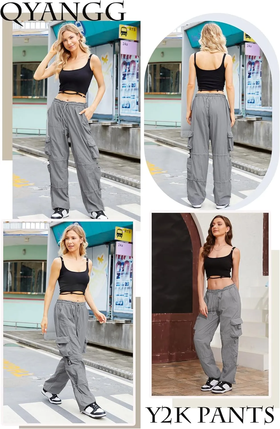 QYANGG Baggy Parachute Pants for Women& Girls Drawstring Elastic Low Waist Ruched Cargo Pants Multiple Pockets Jogger Y2K